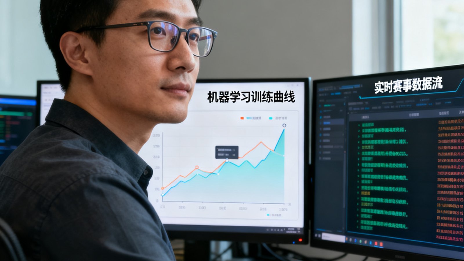 数据科学负责人肖像照，一位戴眼镜的男性坐在多屏幕工位前，左侧屏幕显示机器学习训练曲线，右侧屏幕滚动着实时赛事数据流